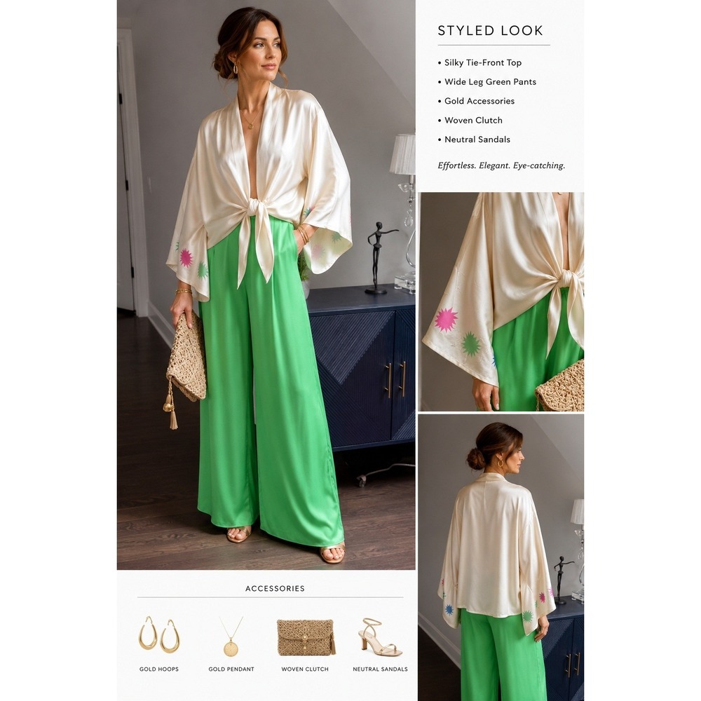 NWT Pippa Cream Satin Kimono Top & Pants Set S Resortwear Vacation Dopamine